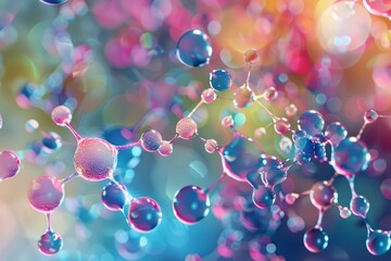 Poster - Colorful molecular structure connecting atoms and forming bonds on a blurred background