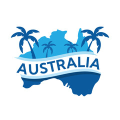 Aufkleber - This is a fun logo design that depicts an Australian shape with a wordmark on the center in blue color with several palm trees