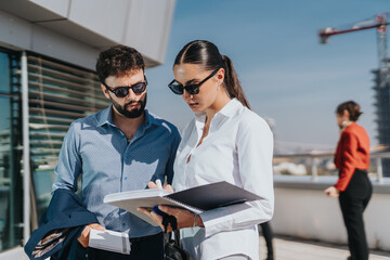 Canvas Print - Two business people engage in a serious discussion while reviewing documents on a high tower balcony. The setting provides a modern and dynamic work atmosphere, highlighting collaboration and focus.