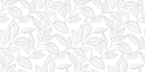 Leaves seamless pattern. Minimal gray and white vector botanical ornament, floral texture with linear foliage silhouettes, branches. Simple elegant leaf background. Delicate repeated decorative design