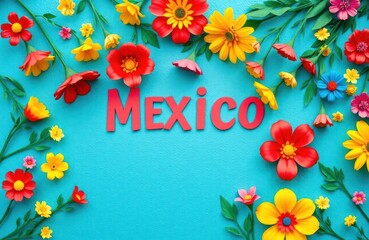  Vibrant flowers arranged around word Mexico on bright blue background. Colorful paper flowers create festive display. Ideal for Mexico national holiday concept. Photo shows cheerful celebratory