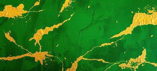 Poster - Abstract artwork displays rich emerald green background with striking gold accents. Textured surface creates modern design. Vibrant colors make artistic composition. Gold leaf accents create visual