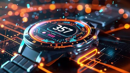 Poster - Futuristic smartwatch with glowing lights displays data and information on its circular screen against a backdrop of a circuit board with glowing lines and bokeh effects