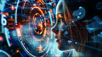 Poster - young girl looking at a futuristic heads up display interface with complex data, visualizing an augm