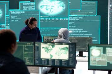 Poster - governmental hackers team working on digital security and cyber defense measures, using pc and big s