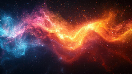 A vibrant cosmic swirl of orange and blue plasma, representing energy and motion in space