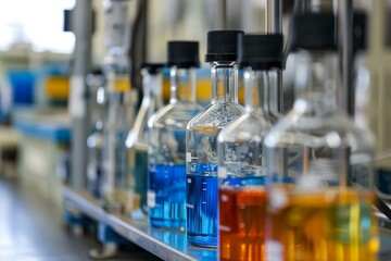 Poster - Glass beakers with colorful liquids inside sit on a metal shelf in a science lab
