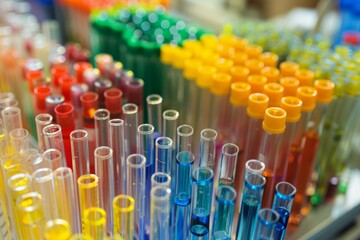 Poster - laboratory glassware containing multicolored liquid is showing chemical experiment in a science rese