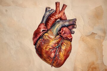 Poster - Detailed anatomical drawing of a human heart showing arteries and veins on old parchment