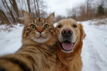 A cat and a dog pose together for a selfie in a snowy forest setting.