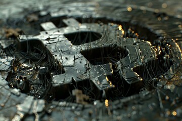 Poster - 3d rendering of a futuristic bitcoin symbol made of dark metal connected with wires on a circuit board