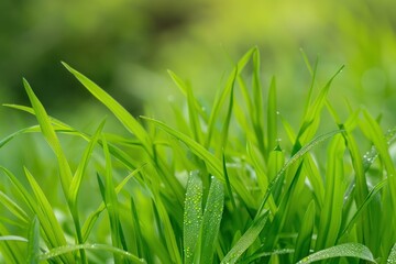 Poster - Fresh green grass covered by dew drops in a sunny spring morning