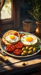 Poster - Rustic breakfast plate with fried eggs, chorizo, olives, and bread.