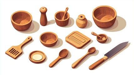 A collection of wooden kitchen utensils and bowls for cooking and food preparation.