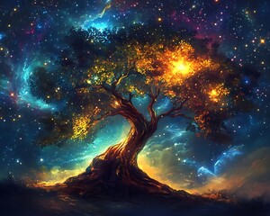 Wall Mural - Celestial Tree Illuminated Against A Starry Night Sky