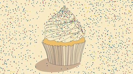 Wall Mural - A whimsical cupcake topped with swirls of frosting and colorful sprinkles on a pastel background.