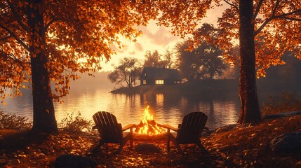 Poster - Serene Autumn Lakeside with Campfire and Cozy Chairs at Sunset : Generative AI