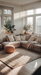 Canvas Print - Cozy Modern Living Room with Sunlit Corner Sectional and Green Plants : Generative AI