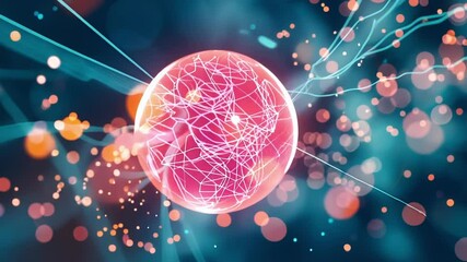 Poster - Big data flowing within a glass sphere forms a complex network of connections, surrounded by dynamic particles and glowing lights, symbolizing global communication and innovation