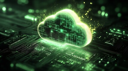 Fototapete - Futuristic Cloud Technology Concept with Digital Circuit Graphics in Green : Generative AI
