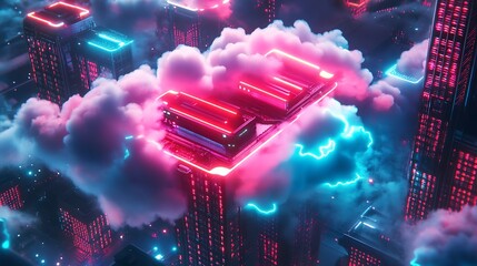 Poster - Futuristic Sci Fi Cityscape with Neon Lights and Clouds at Night : Generative AI