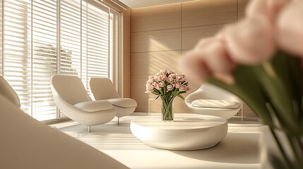 Poster - Modern Minimalist Lounge Interior with Luxurious White Decor and Flowers : Generative AI