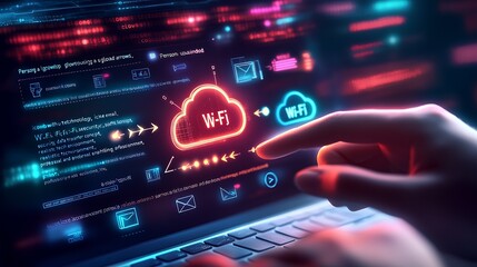 Aufkleber - Futuristic Digital Interface with Cloud Computing Symbol and Neon Elements : Generative AI
