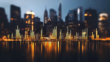 Aufkleber - Vibrant Abstract Cityscape with Illuminated Skyline and Reflective Water at Night : Generative AI