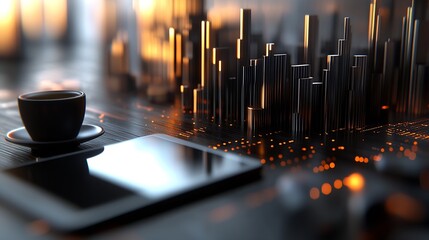Poster - Modern Coffee Table with Tablet Against Dystopian Urban Skyline : Generative AI