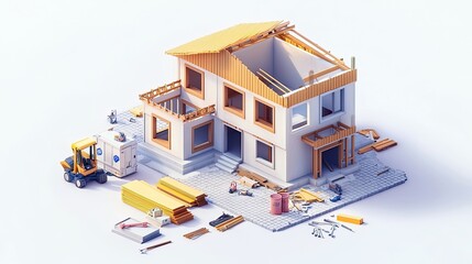 Wall Mural - A 3D model of a partially constructed house with construction tools and materials.