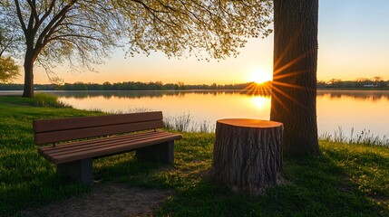 Poster - Scenic Lakeside Sunrise with Tree and Bench in Peaceful Natural Landscape : Generative AI