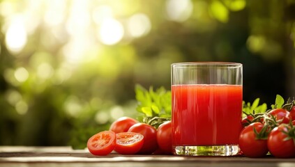 Wall Mural - A glass of vibrant red tomato juice on a rustic wooden table with freshly sliced red tomatoes