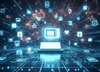 Aufkleber - Futuristic Laptop with Digital Icons in Space Themed Vector Art : Generative AI