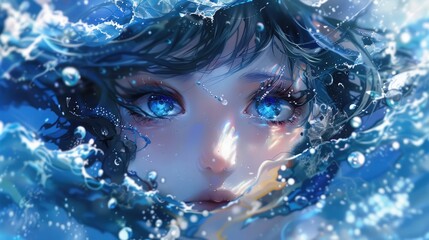 anime japanese girl big blue eyes on sea