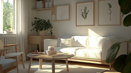 Poster - Cozy Scandinavian Living Room Interior with Natural Light and Minimalist Design : Generative AI