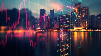 Aufkleber - City Skyline with Vibrant Graphs Displaying Stock Market Trends at Twilight : Generative AI
