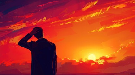 Wall Mural - Anime man looking in the distance at sunset. Manga style digital artwork. Hopeful young character. Emotional man thinking. Person in love being sad and depressed. Cartoon illustration. Man in a suit.