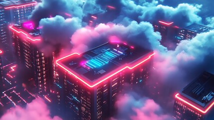Poster - Cyberpunk Urban Landscape with Neon Colors and Illuminated Skyscrapers : Generative AI
