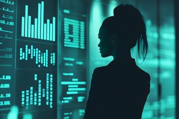 Poster - businesswoman analyzing digital data trends and graphs in modern office environment with futuristic 