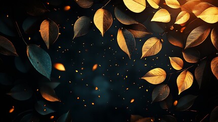Poster - Golden autumn leaves with gentle glowing embers create a cozy seasonal background : Generative AI