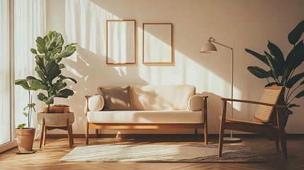 Poster - Modern Scandinavian Living Room with Sunlight and Wooden Furniture : Generative AI