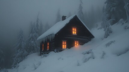 Wall Mural - A lone cabin glows warmly in a snowy mountain fog