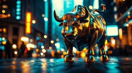 Aufkleber - Majestic Bull Sculpture Shining in the Energetic Glow of Urban Night Lights : Generative AI