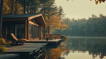 Poster - Serene Wooden Lakehouse with Scenic Views of Autumn Forest and Calm Water : Generative AI