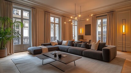 Poster - Modern Luxury Living Room with Large Windows and Minimalistic Decor : Generative AI