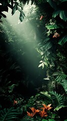 Poster - Pristine Jungle Landscape Bathed in Soft Light with Vibrant Tropical Foliage and Bright Orange Blossoms : Generative AI