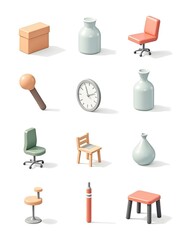 Wall Mural - Modern business company office supplies 2D cartoon objects set. Furniture details and infographics isolated elements flat cliparts on white background. Spot illustrations collection