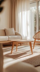 Poster - Modern Scandinavian Living Room with Sunlit Minimalist Decor and Wooden Accents : Generative AI