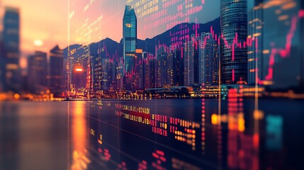 Aufkleber - Golden Hour City Skyline with Digital Stock Market Data Overlaid on Skyscrapers : Generative AI