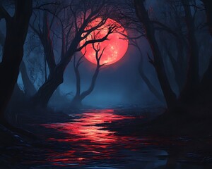 Wall Mural - Blood Red Moon Over Dark Forest Creek